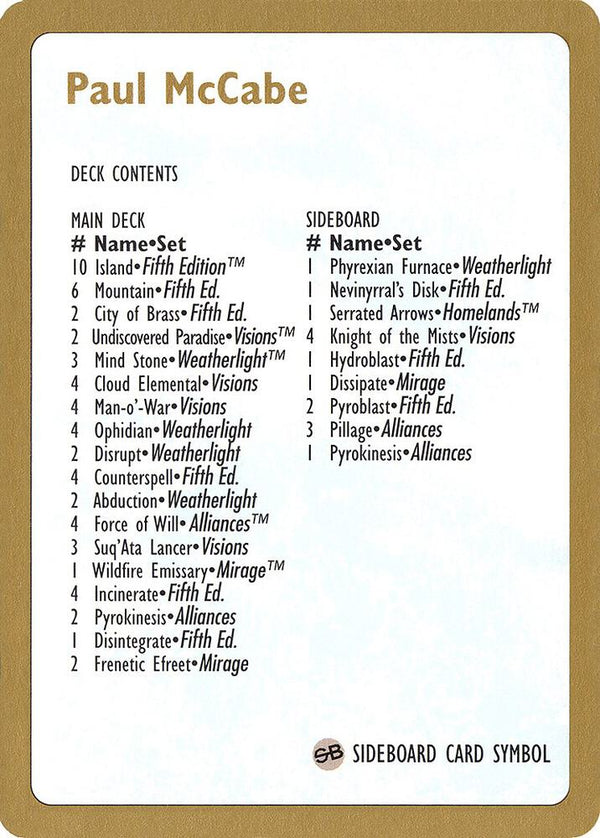 1997 Paul McCabe Decklist Card [World Championship Decks]