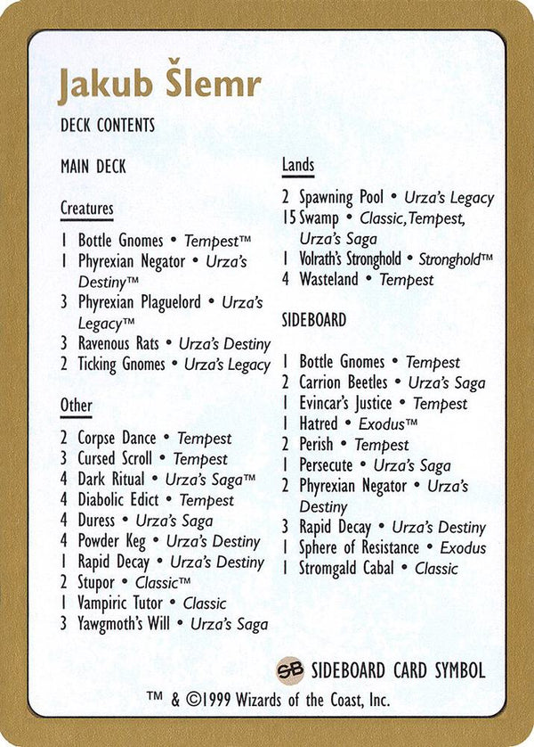 1999 Jakub Slemr Decklist Card [World Championship Decks]