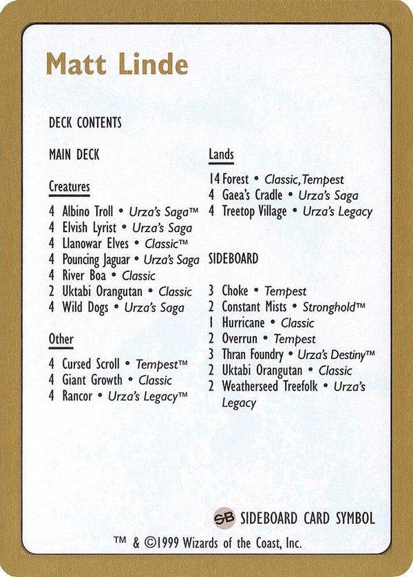 1999 Matt Linde Decklist Card [World Championship Decks]
