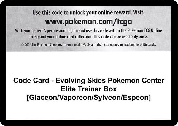 Code Card - Evolving Skies Pokemon Center Elite Trainer Box [Glaceon/Vaporeon/Sylveon/Espeon] [SWSH07 Evolving Skies]