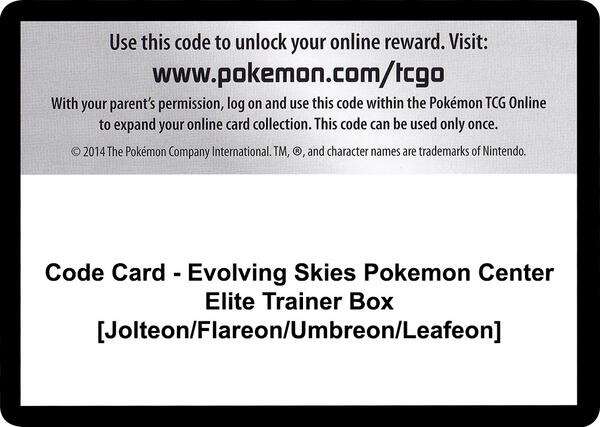 Code Card - Evolving Skies Pokemon Center Elite Trainer Box [Jolteon/Flareon/Umbreon/Leafeon] [SWSH07 Evolving Skies]