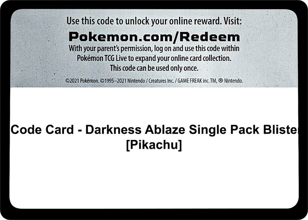 Code Card - Darkness Ablaze Single Pack Blister [Pikachu] [SWSH03 Darkness Ablaze]