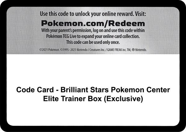 Code Card - Brilliant Stars Pokemon Center Elite Trainer Box (Exclusive) [SWSH09 Brilliant Stars]