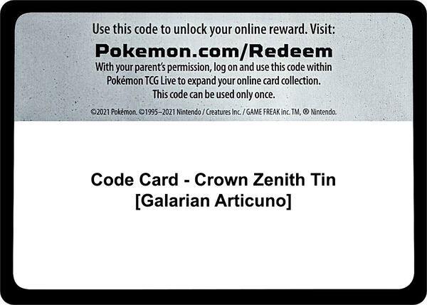Code Card - Crown Zenith Tin [Galarian Articuno] [Crown Zenith]