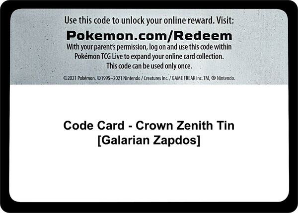 Code Card - Crown Zenith Tin [Galarian Zapdos] [Crown Zenith]