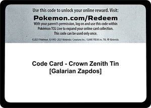 Code Card - Crown Zenith Tin [Galarian Zapdos] [Crown Zenith]
