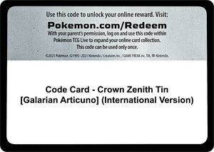 Code Card - Crown Zenith Tin [Galarian Articuno] (International Version) [SWSH: Crown Zenith]