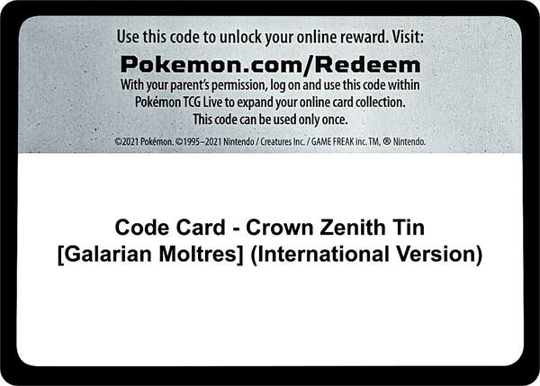 Code Card - Crown Zenith Tin [Galarian Moltres] (International Version) [Crown Zenith]