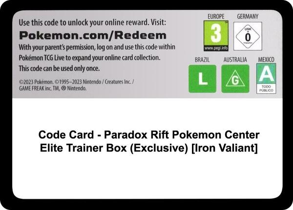 Code Card - Paradox Rift Pokemon Center Elite Trainer Box (Exclusive) [Iron Valiant] [SV04 Paradox Rift]