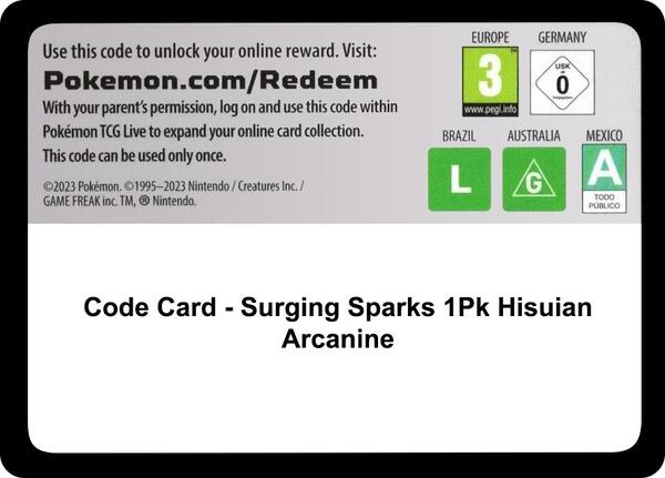 Code Card - Surging Sparks Blister [Hisuian Arcanine] [SV08 Surging Sparks]