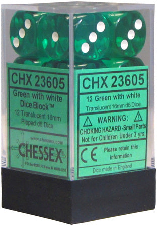 Chessex: Translucent 12D6 Green/White 16mm