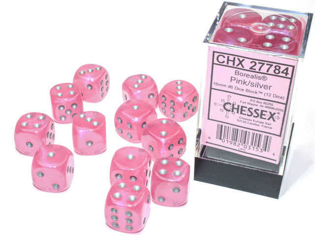 Chessex: Borealis 12D6 Pink/Silver 16mm Luminary