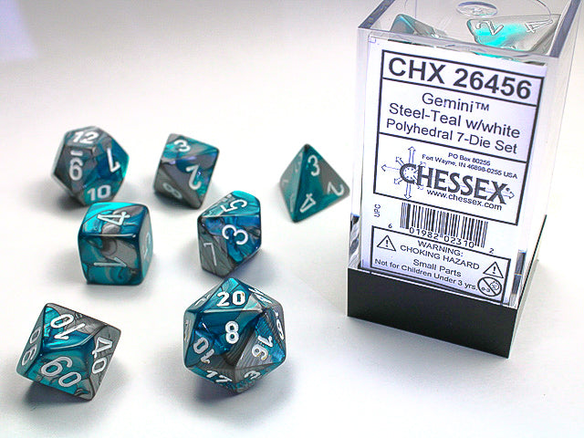 Chessex: Gemini 7-Die Set Steel-Teal/White